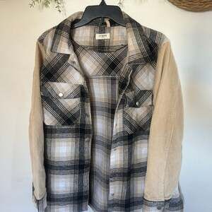 Umgee Checked Out Plaid Metal Logo Snap Button Shacket Jacket